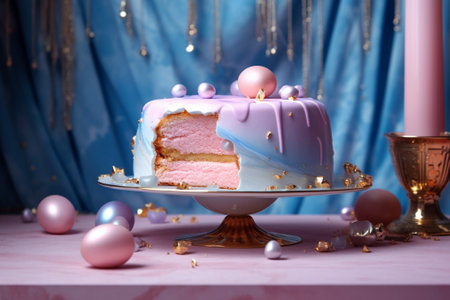 Generative AI : Easter cake on a white plate with colorful eggs Blue wooden background Copy spaceの素材