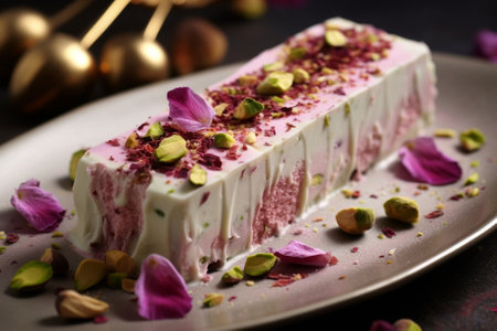 Generative AI : Berry ice cream and white chocolate terrine with white chocolate decor on a white plate on a wooden backgroundの素材