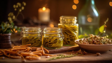 Generative AI : Feta cheese marinated in olive oil with fresh herbs in glass jar Wooden background Copy spaceの素材