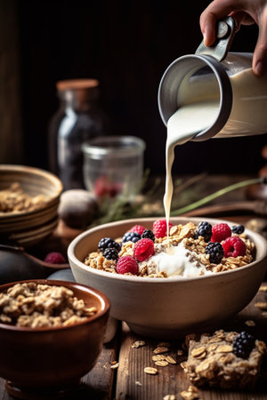 Generative AI : Healthy breakfast Fresh granola muesli with yogurt and berries on wooden backgroundの素材