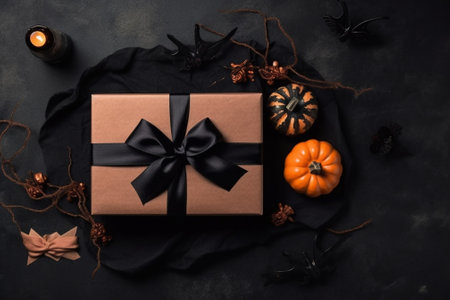 Generative AI : Halloween hollyday table setting decoration with vampire teeth and red napkin Black slate background Copy space Top viewの素材