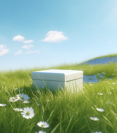Generative AI : Green grass in a white flowerpot on a summer spring backgroundの素材