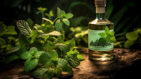 Generative AI : Herbal mint homemade liquor on a white wooden background Russian traditional strong spiritsの素材