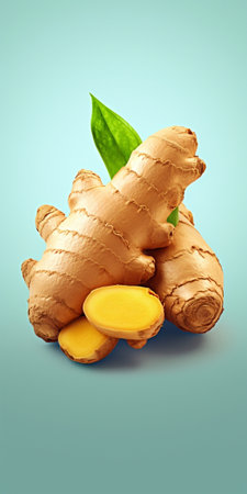 Generative AI : Fresh ginger root with slices Dark background Copy space Top viewの素材