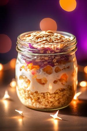 Generative AI : Overnight oats bircher muesli with apple in glass jar Wooden background Close upの素材