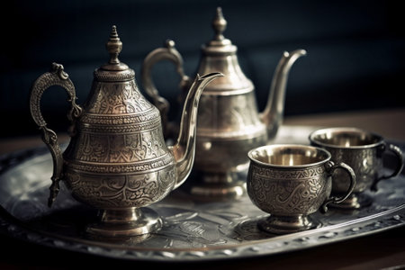 Generative AI : Moroccan mint tea in traditional glasses with vintage teapot on silver tray Grey background Close up Top viewの素材