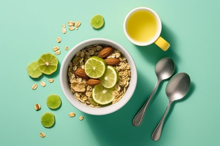 Generative AI : Healthy breakfast Fresh granola muesli with coconut banana and nuts in a white bowl on grey textile backgroundの素材