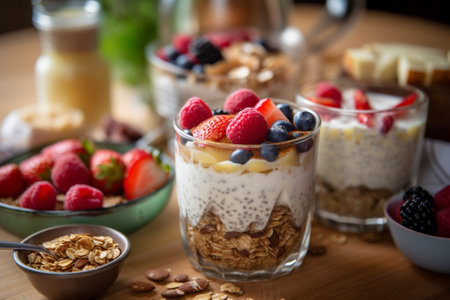Generative AI : Overnight oats bircher muesli with fresh berries and fruits in a glass jars on wooden table background Copy spaceの素材