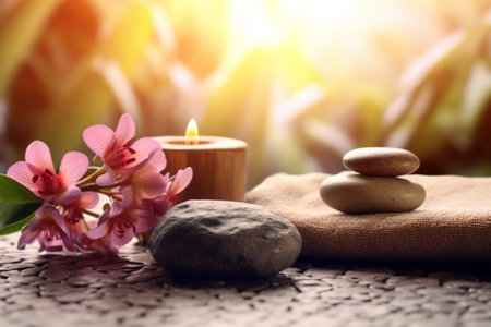 Generative AI : Spa and wellness massage setting Still life with candle towel and stones Outdoor summer backgroundの素材