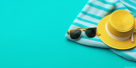 Generative AI : Summer turquoise textile background with colorful straws and napkin Top view Copy spaceの素材