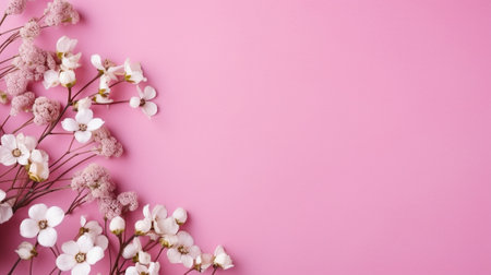 Photo pour Generative AI : Rose and gypsophila flowers frame on pink background Cope space Top view - image libre de droit