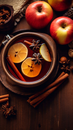 Generative AI : Plum hot mulled cider with fresh plums rum and spices on a turquois wooden backgroundの素材