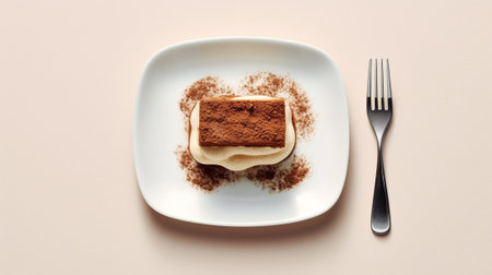 Generative AI : Tiramisu traditional Italian dessert on a white plate Copy spaceの素材