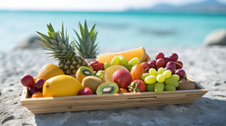 Generative AI : Tropical fruits assortment in wooden boat Outdoor tropical background Copy spaceの素材