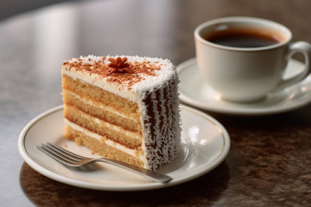 Generative AI : Traditional Hungarian Esterhazy cake torte with cup of coffee Marble background Close upの素材
