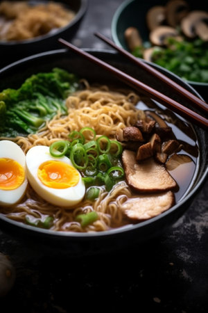 Generative AI : Asian noodle soup ramen with chicken tofu vegetables and egg in black bowl Slate background Copy space Top viewの素材