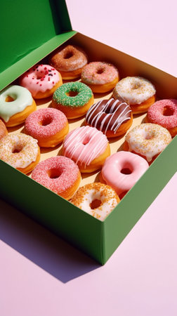 Generative AI : Assortment of donuts in a box on marble table background Top viewの素材