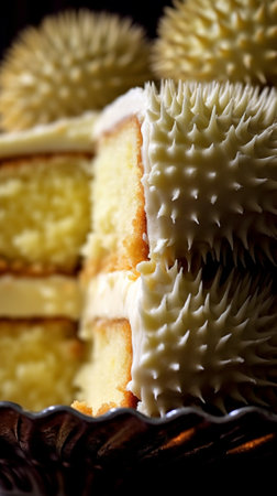 Generative AI : Asian vietnamese durian cake on wooden board Traditional pastryの素材