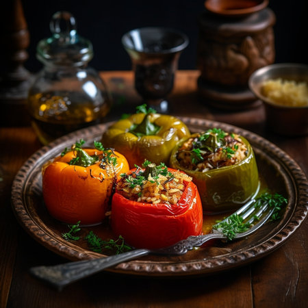 Generative AI : Baked stuffed bell peppers filled with cheese tomatoes herbs capers and anchovies on a white wooden backgroundの素材