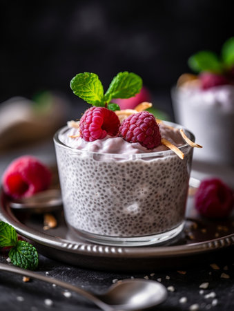 Generative AI : Chia seed pudding dessert with cherries and coconut Healthy breakfastの素材