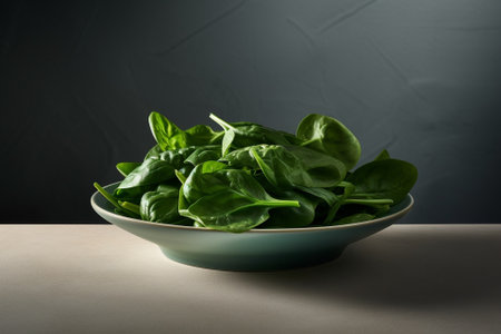 Generative AI : Baby spinach in a blue ceramic bowl on a wooden background Top viewの素材