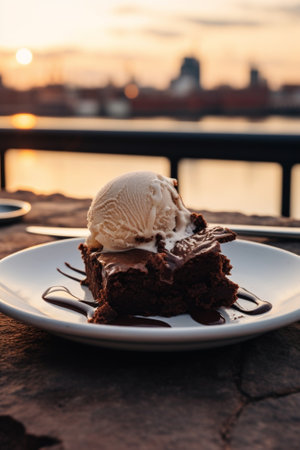 Generative AI : Chocolate brownie cake on a white plate on a turquoise wooden background Cope spaceの素材