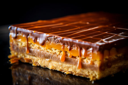 Generative AI : Chocolate caramel slices bars millionaires shortbread on a grey plate Blue backgroundの素材