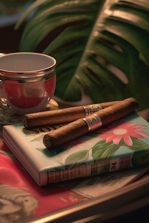 Generative AI : Cigarette and glass hotel ashtray on table with frangipani flowerの素材