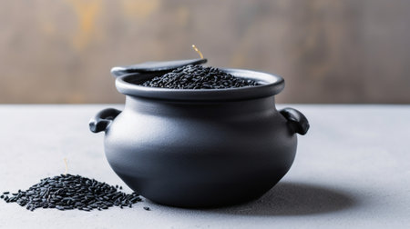 Generative AI : Black wild rice in a bowl Grey stone background Close upの素材