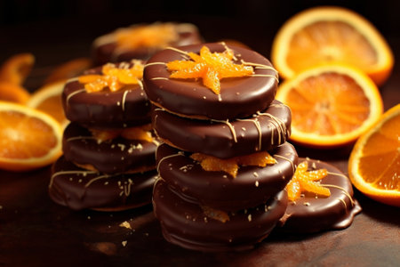 Generative AI : Candied orange slices in chocolate Slate backgroundの素材