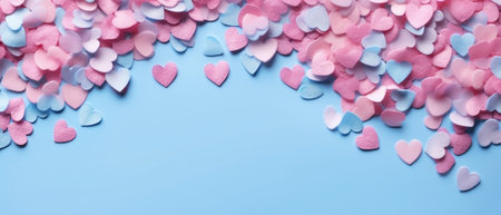 Generative AI : Chocolate heart and lips shaped candies with rose candied sugared petals Blue background Top viewの素材