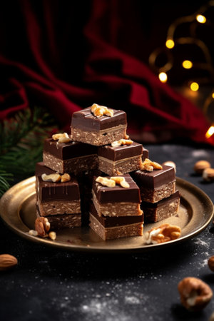 Generative AI : Chocolate caramel slices bars millionaires shortbread on a vintage tray Blue backgroundの素材