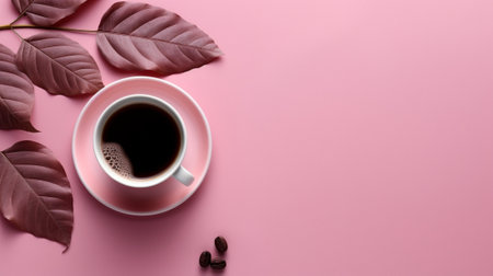 Generative AI : Cup of tea on pink background Top view Copy spaceの素材
