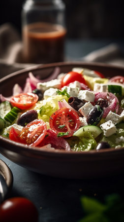 Generative AI : Greek salad Fresh vegetables feta cheese and black olives with white wine Close upの素材