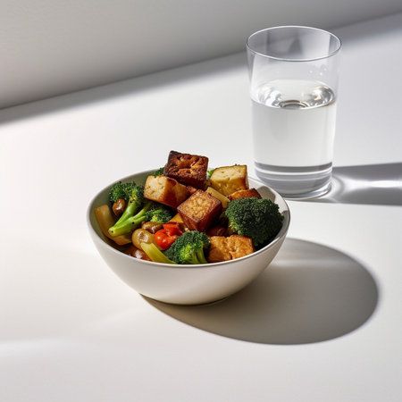 Generative AI : Healthy asian salad with noodles vegetables chicken and tofu in glass jars Grey background Copy spaceの素材