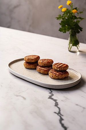 Generative AI : Healthy vegan oat muffins apple and banana cakes on a white plate Blue stone backgroundの素材