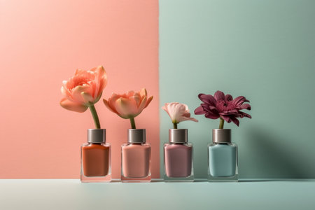 Generative AI : Colorful gerbera flowers in a glass vases and bottles Blue stone backgroundの素材
