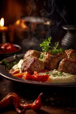 Generative AI : Meatballs duck meat with apple sauce and mashed celery potato on a wooden background Copy space text placeの素材