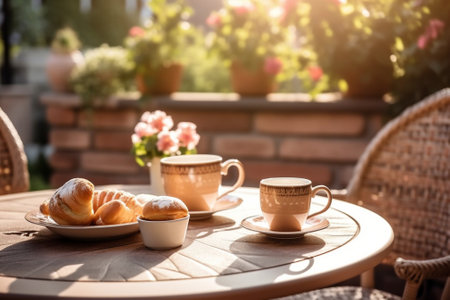 Generative AI : Healthy breakfast with coffee served on table Outdoor backgroundの素材