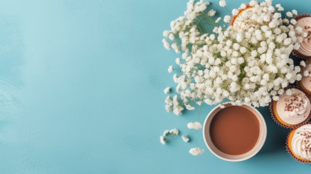 Generative AI : Healthy vegan carrot muffins with ricotta cheese and cup of tea Blue stone background Top viewの素材