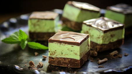 Generative AI : Matcha green tea cake bars brownie with white chocolate on a plate Grey backgroundの素材