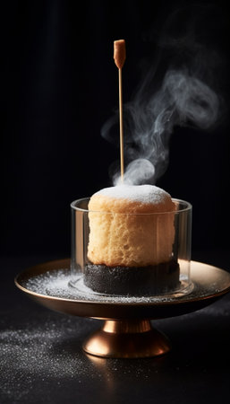 Generative AI : Glass cup with yogurt and cane sugar crystals on a stickの素材