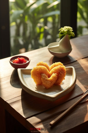 Generative AI : Handmade heart shape cookies on wooden plate and blue napkin Outdoor backgroundFrangipani flower Top viewの素材