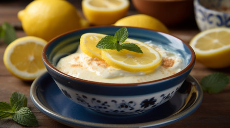 Generative AI : Lemon curd in ceramic bowl with fresh lemons on a blue napkin background Top view Selective focusの素材