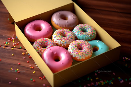 Generative AI : Assortment of donuts in a box on marble table background Top viewの素材