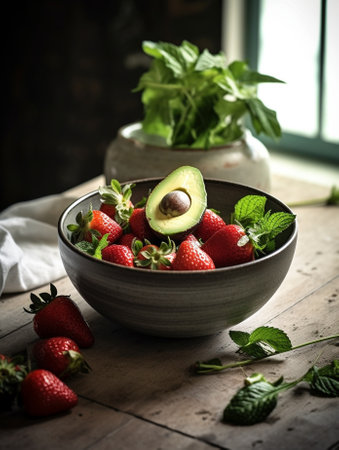 Generative AI : Fresh green salad with strawberries and edible flowers in a bowl Marble background Close upの素材
