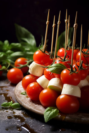 Generative AI : Mozzarella cheese balls with fresh tomatoes and basil Dark background Close upの素材