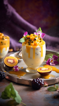 Generative AI : Mango yogurt granola dessert breakfast in jars Tropical outdoor background Copy spaceの素材