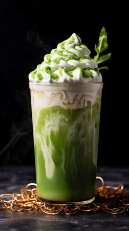 Generative AI : Matcha ice green tea with lime and fresh mint on a marble background Close upの素材
