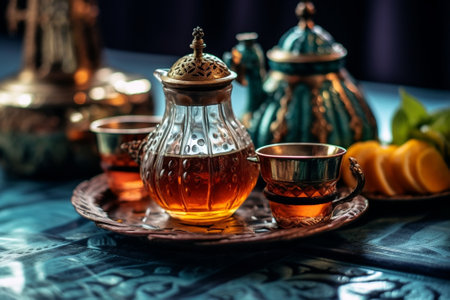 Generative AI : Moroccan mint tea in traditional glasses on silver tray Grey and blue background Copy spaceの素材